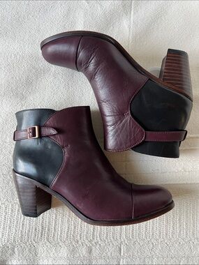 Two-Tone Burgundy and Black Leather Ankle Booties with Buckle Detail